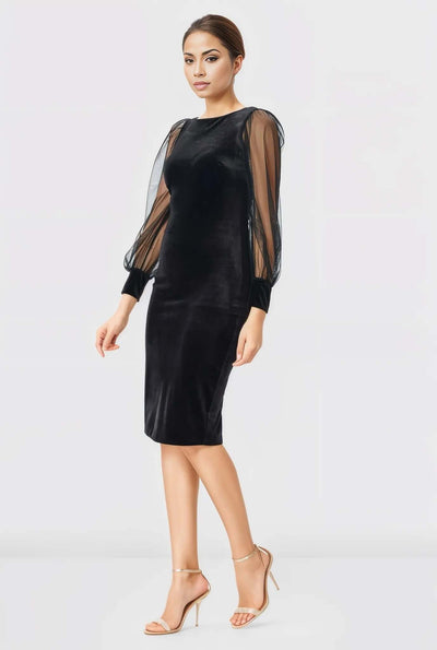 Sheer tulle sleeve stretch velvet sheath Dress