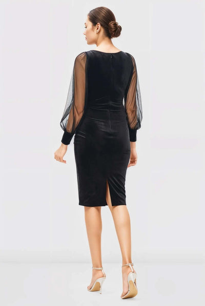 Sheer tulle sleeve stretch velvet sheath Dress