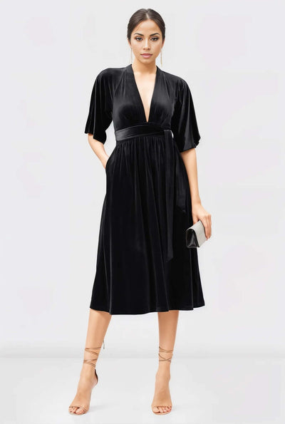 Plunge stretch velvet sash tie Dress