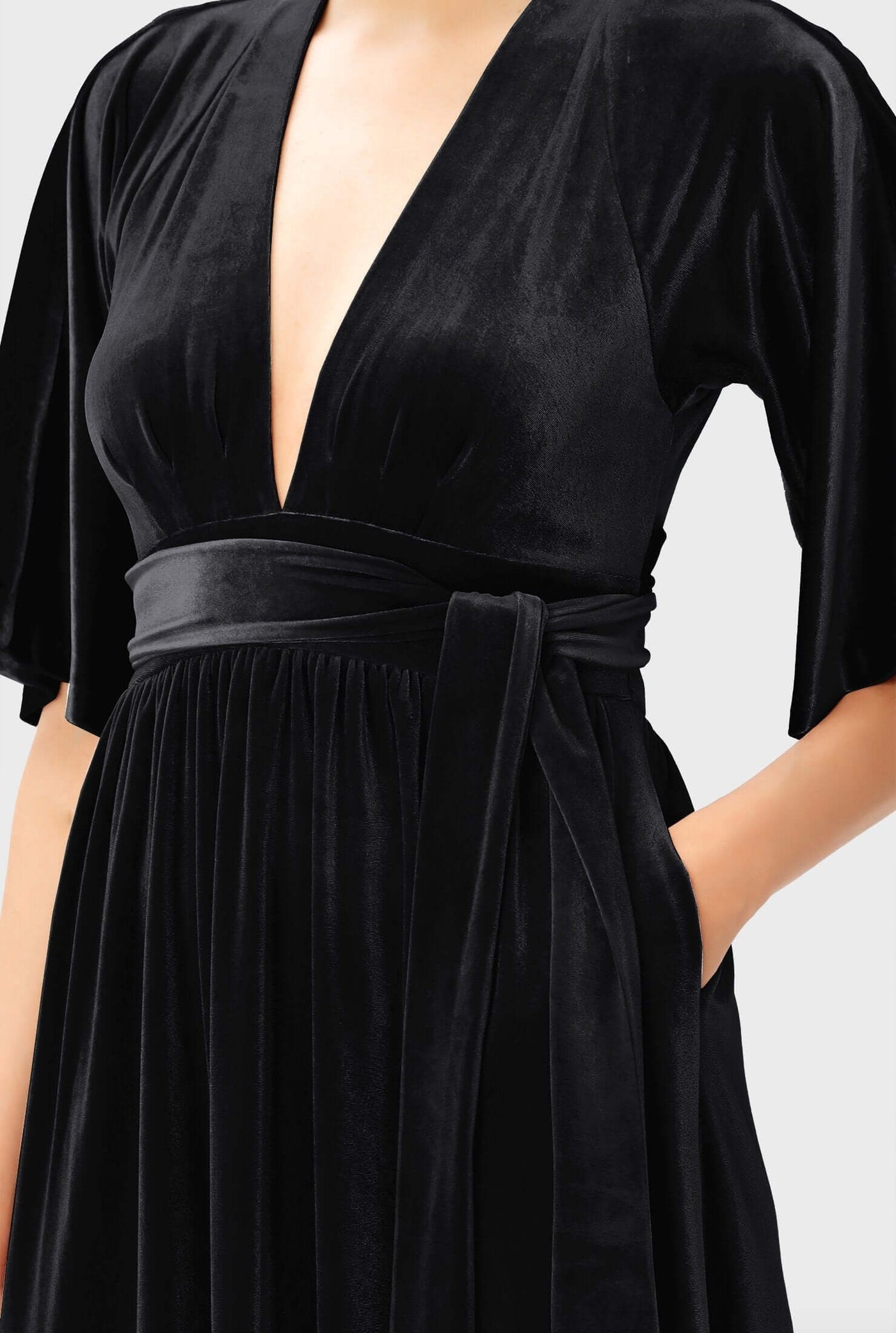 Plunge stretch velvet sash tie Dress