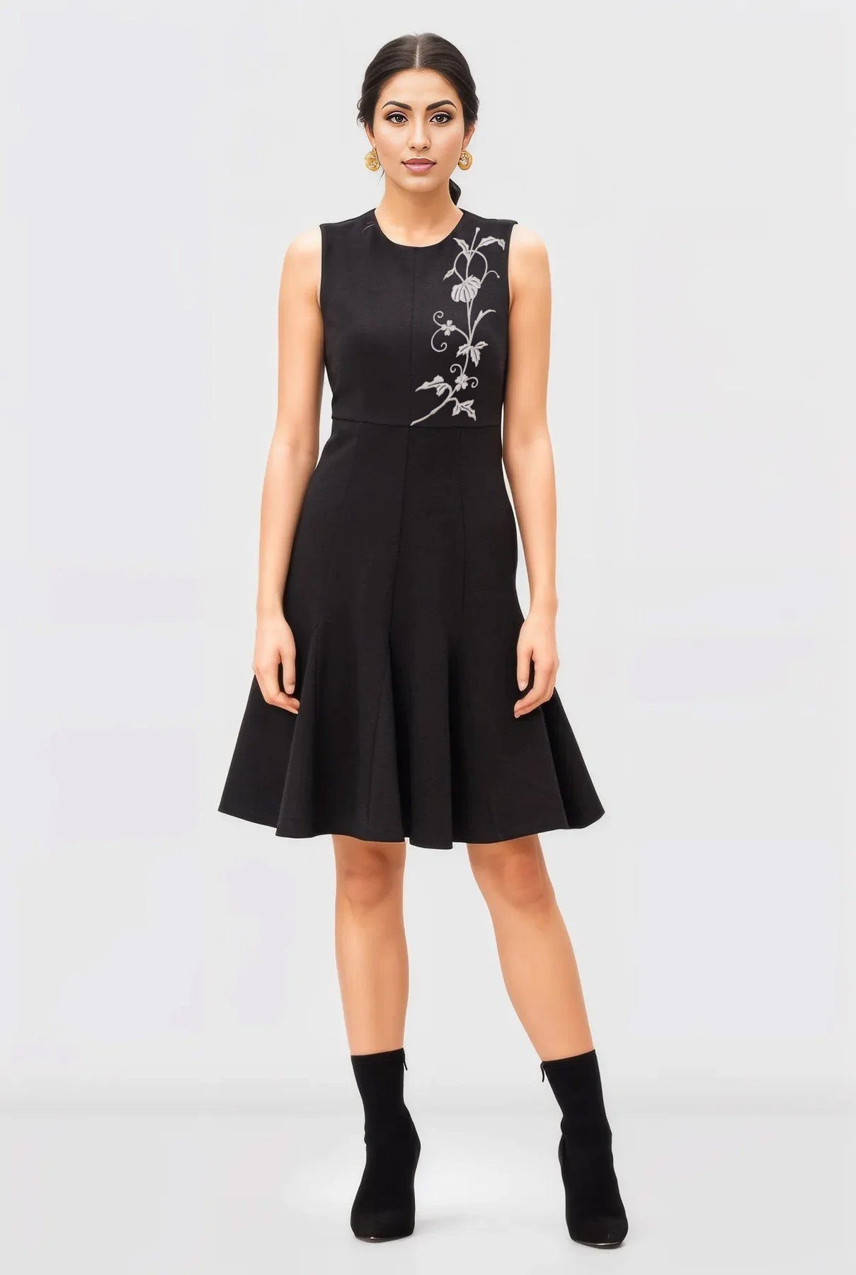 Metal Zip Back Ponte Knit Dress with Embroidery