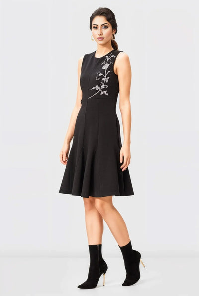 Metal Zip Back Ponte Knit Dress with Embroidery