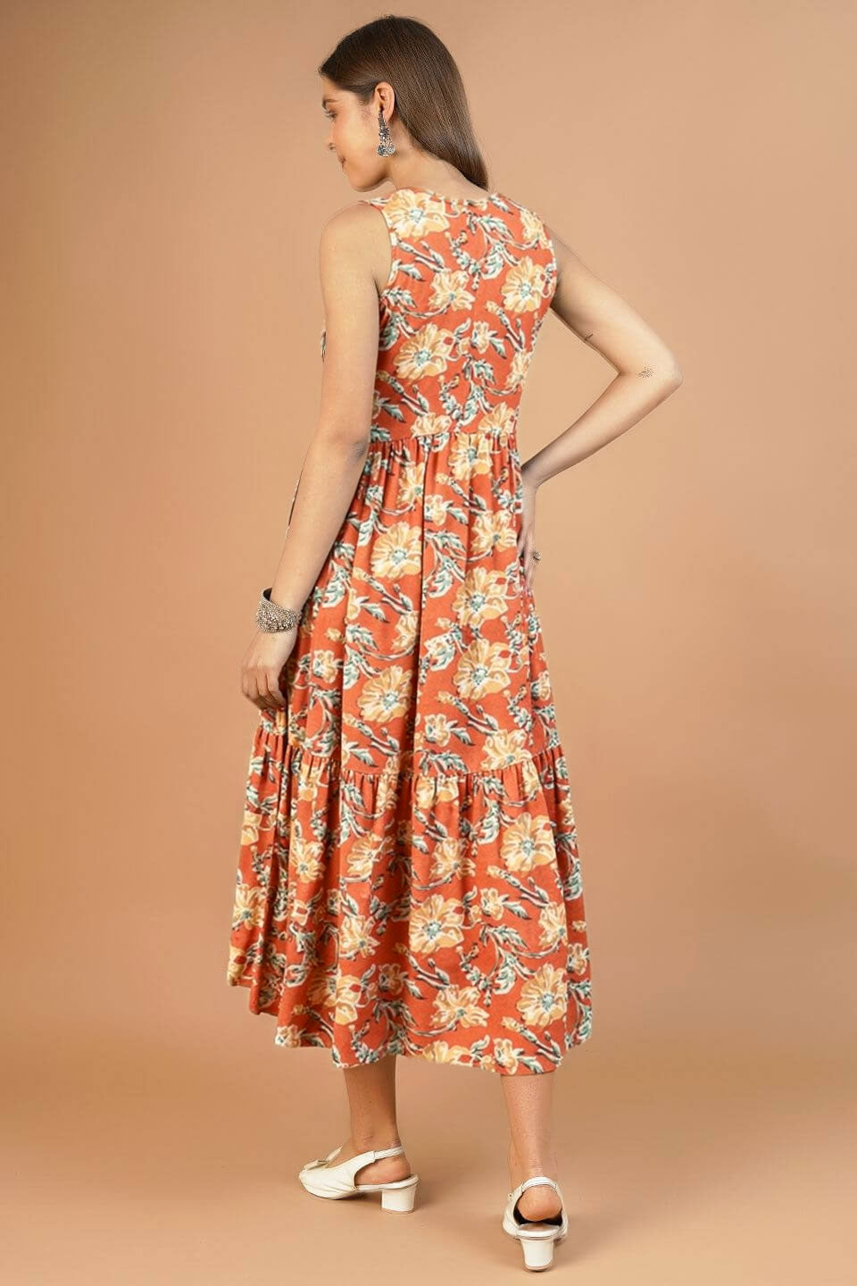 Indophilia Womens Jaipur Cotton Orange Midi Dress