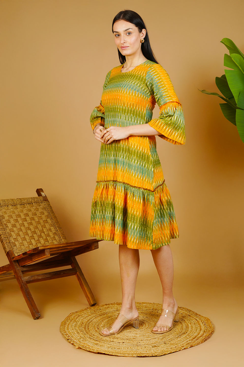 green ikat dress Handmade Ikat Print Cotton Dress Puff Sleeves & Tiered Midi Skirt