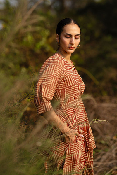 Bagru Cotton Brown Midi Dress