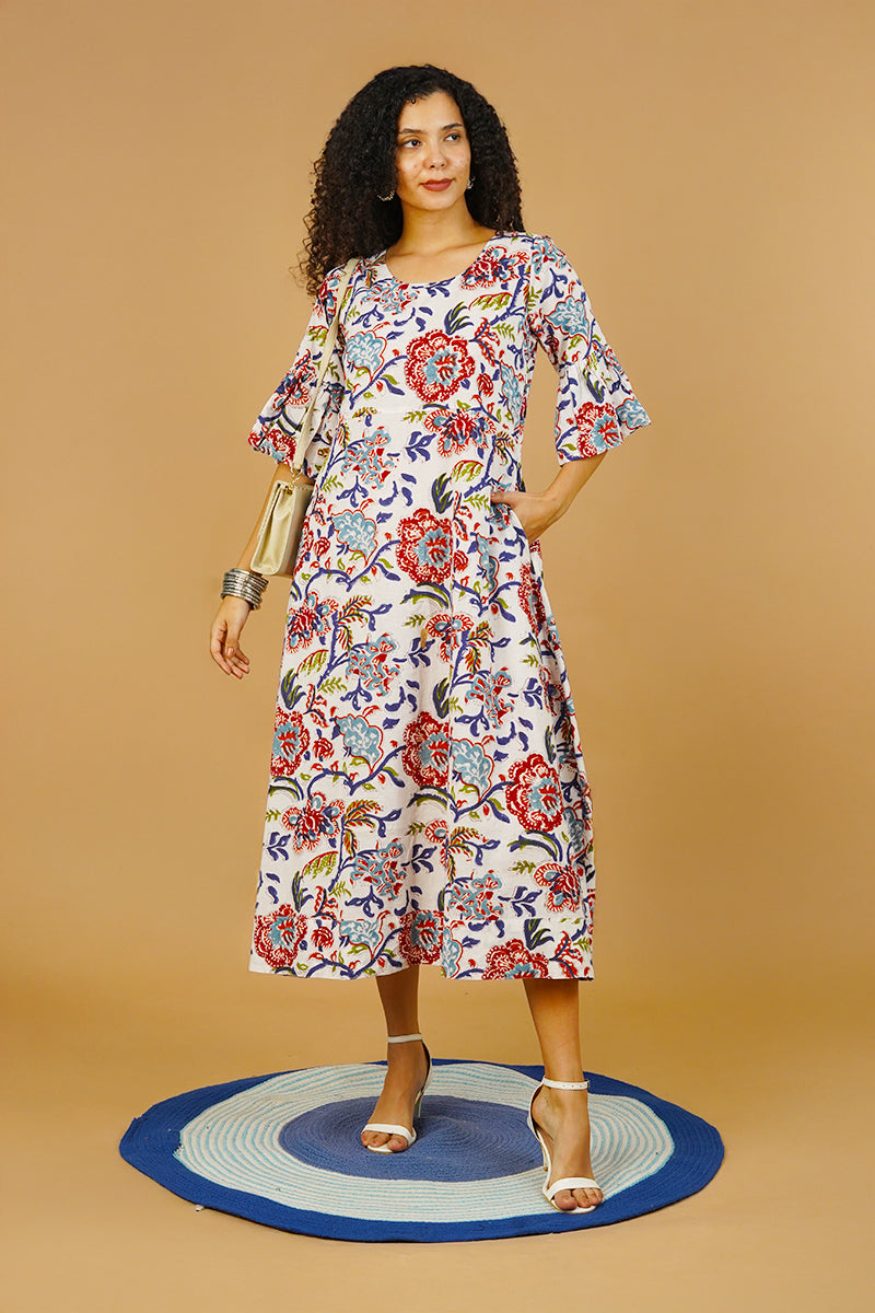 White Screen Print Cotton Dress