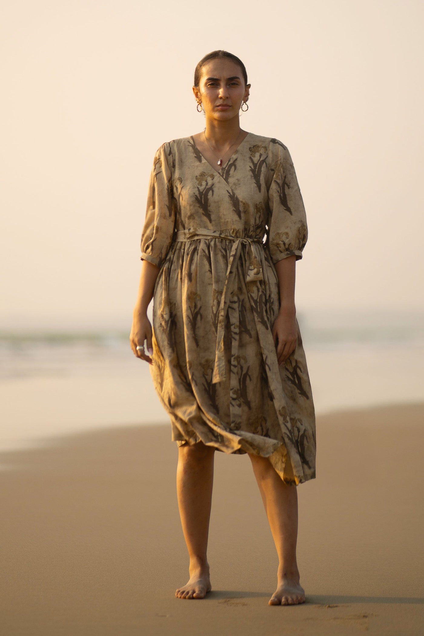Bagru Cotton Beige Midi Dress