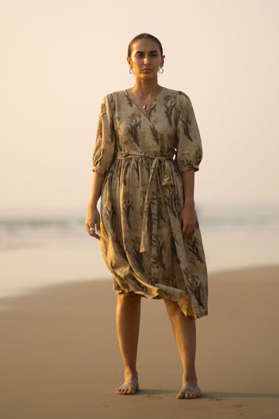 Bagru Cotton Beige Midi Dress