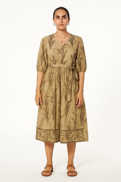 Bagru Cotton Beige Midi Dress