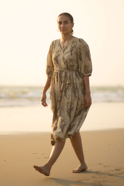 Bagru Cotton Beige Midi Dress