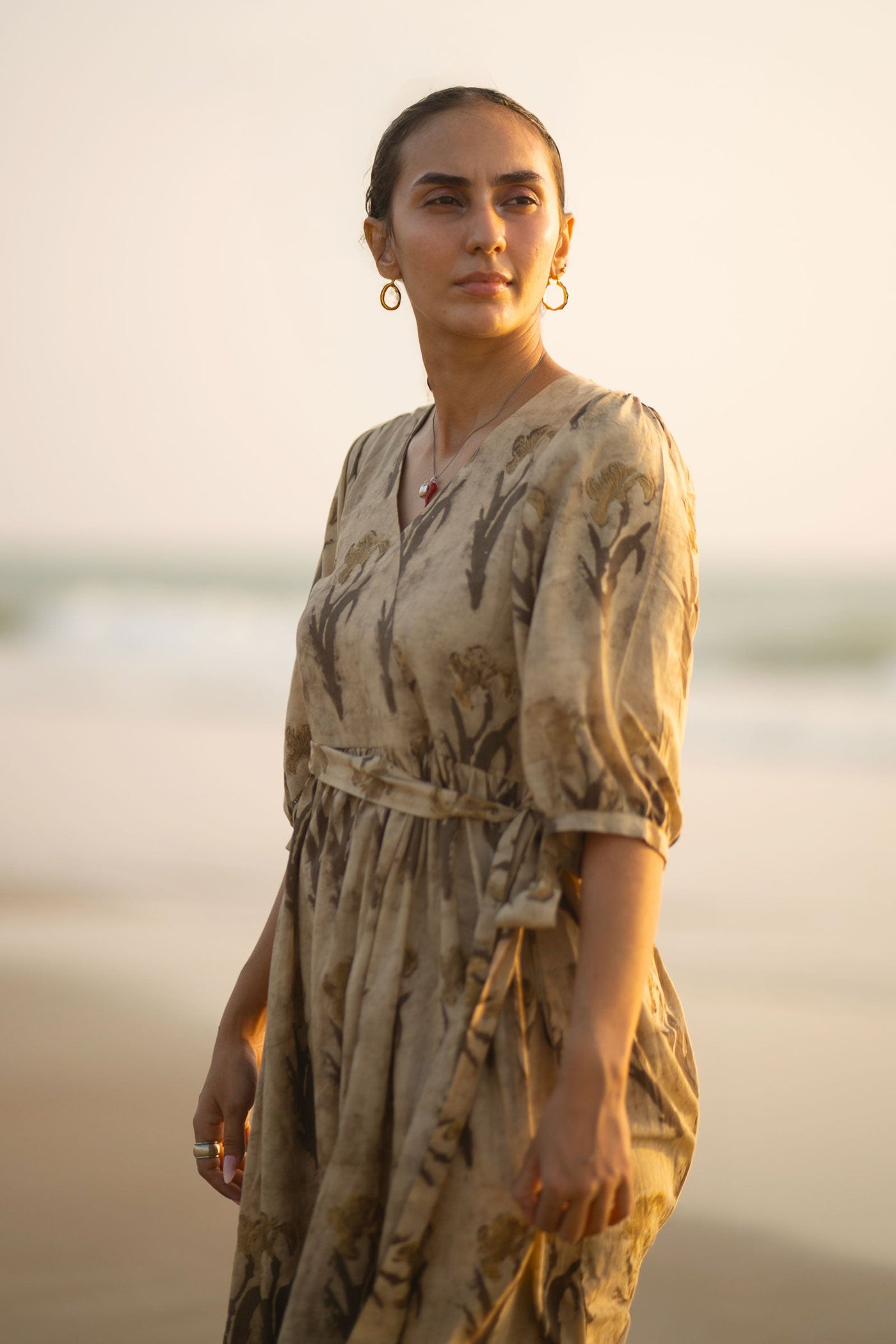 Bagru Cotton Beige Midi Dress