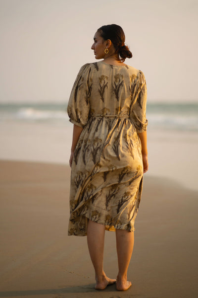 Bagru Cotton Beige Midi Dress