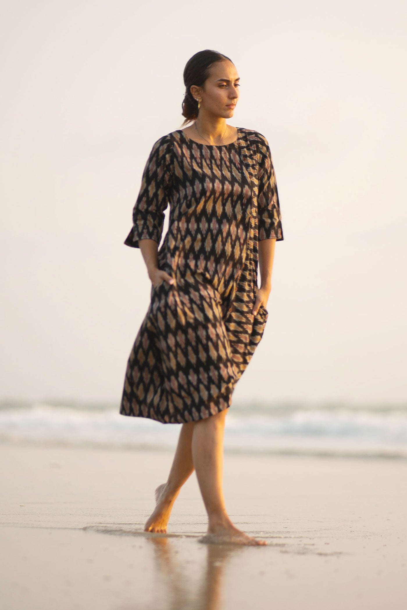 Ikat Cotton Black Midi Dress
