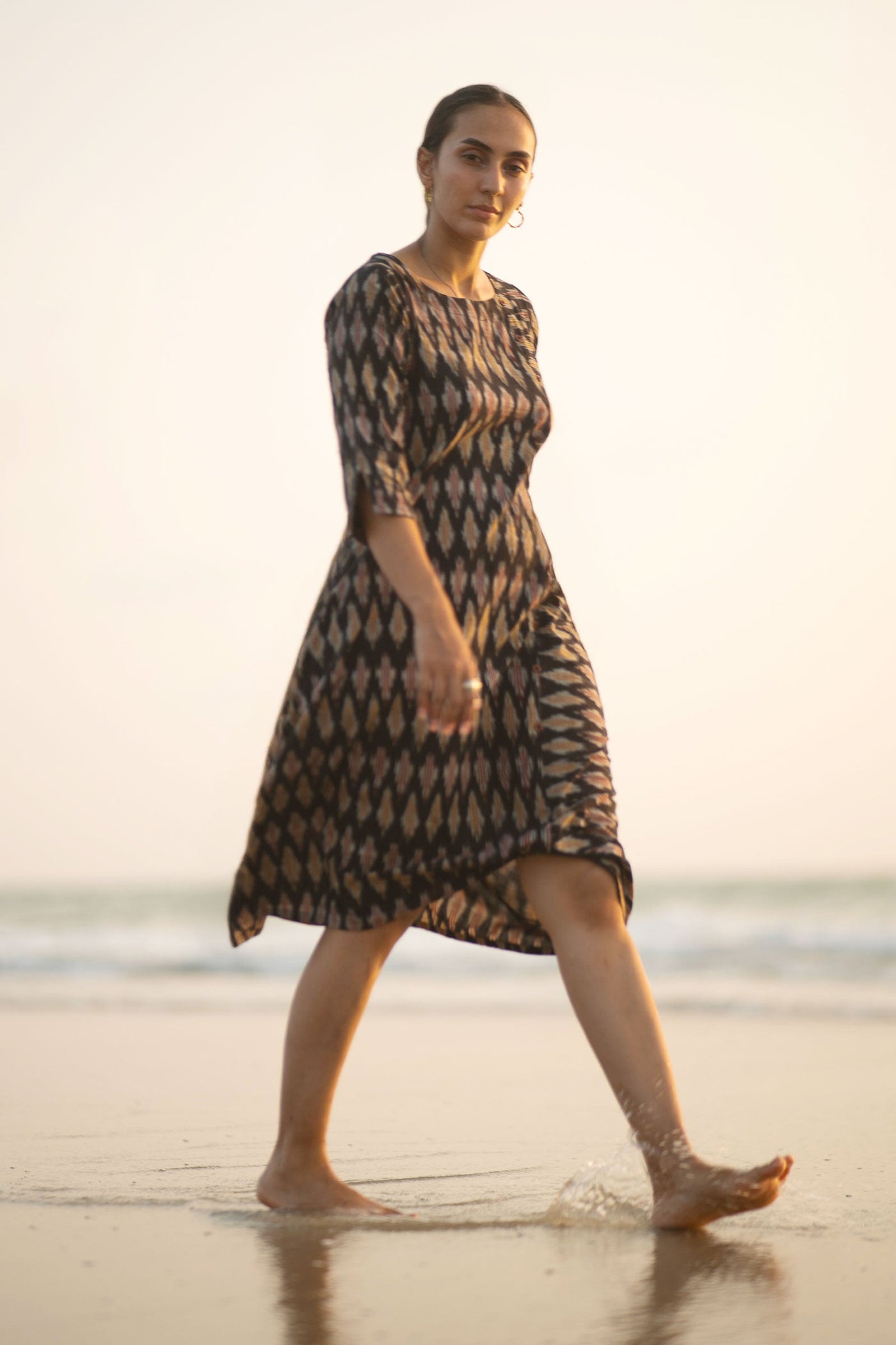 Ikat Cotton Black Midi Dress