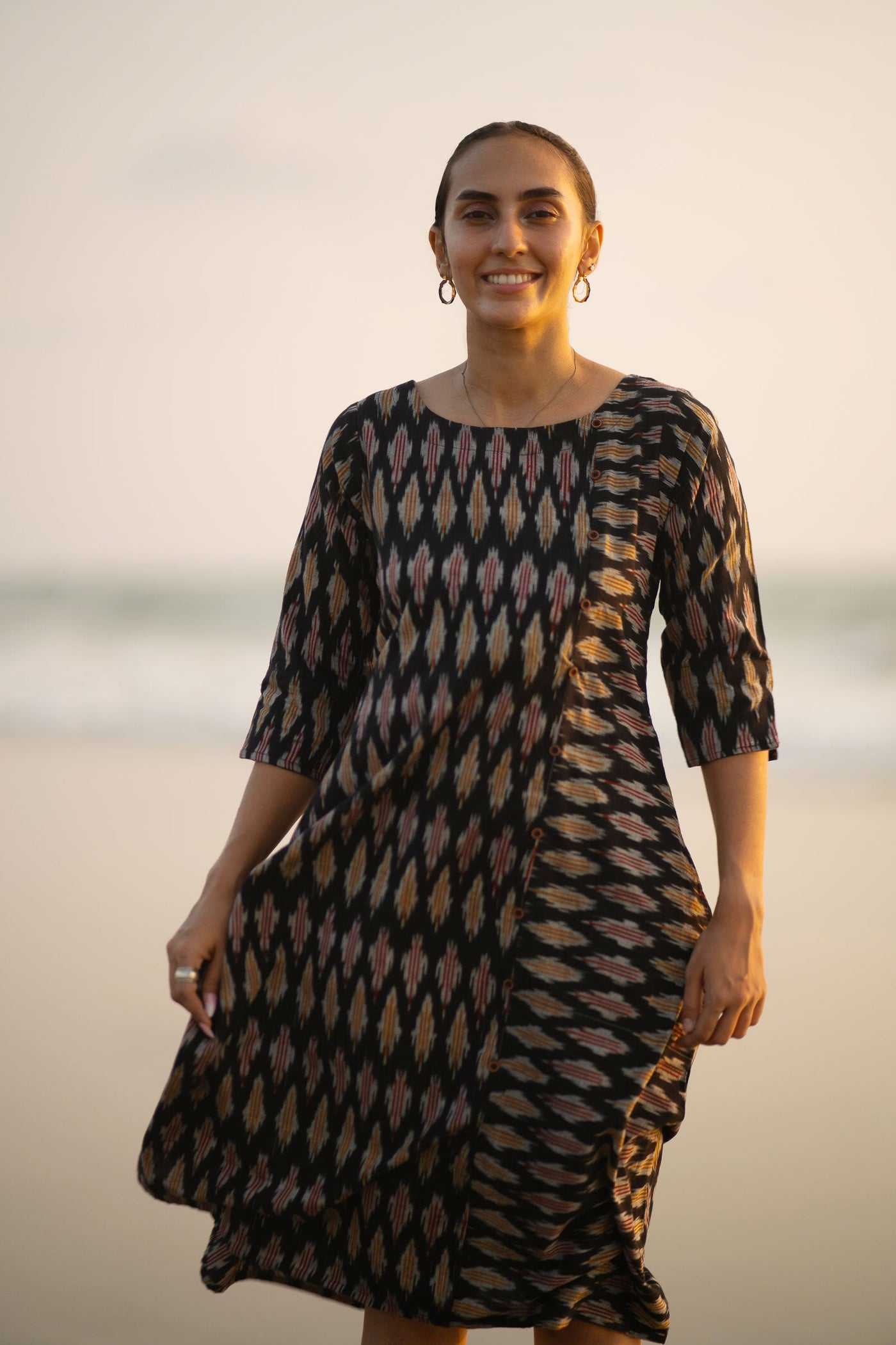 Ikat Cotton Black Midi Dress