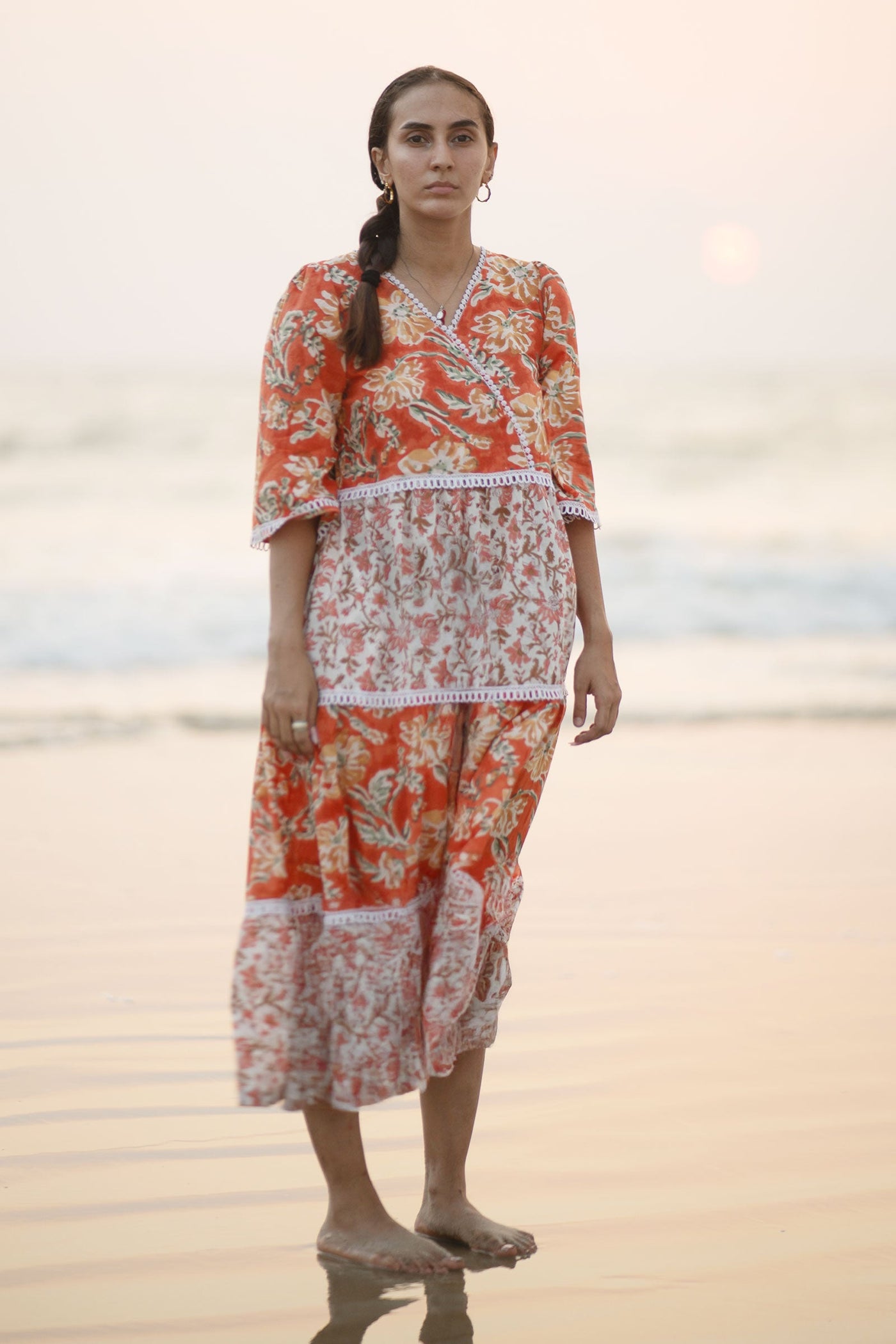 Bagru Cotton Orange Midi Dress
