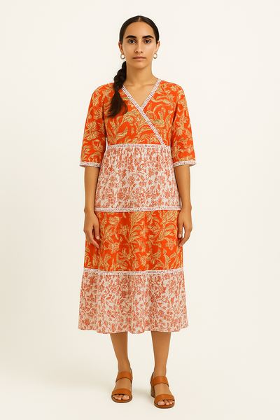 Blockprint Cotton Orange Midi Dress
