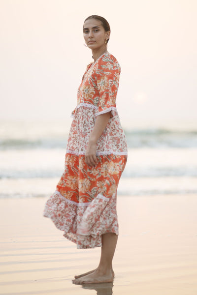 Bagru Cotton Orange Midi Dress