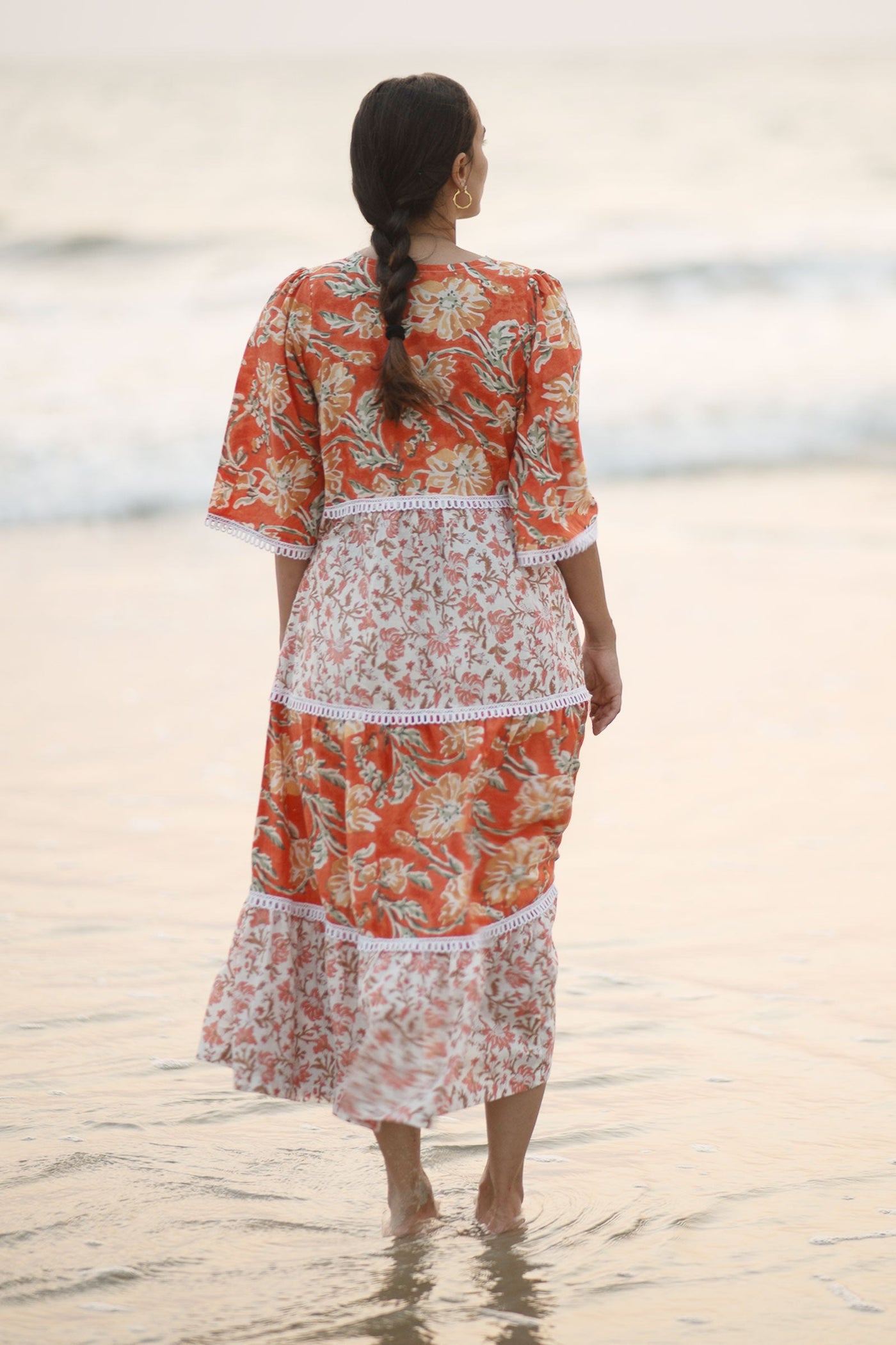 Bagru Cotton Orange Midi Dress