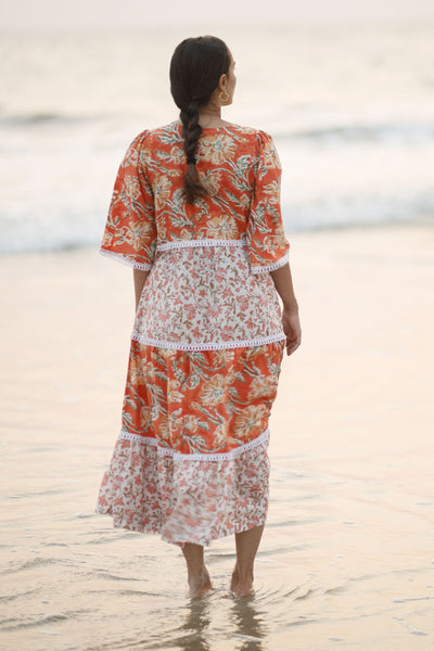 Bagru Cotton Orange Midi Dress
