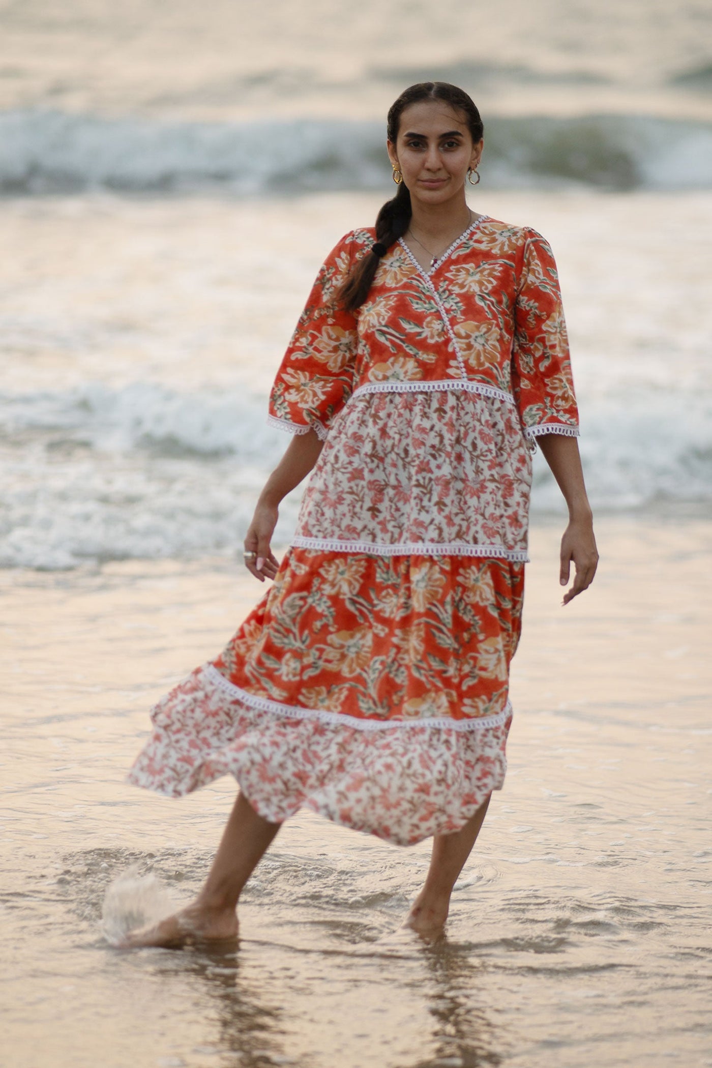 Bagru Cotton Orange Midi Dress