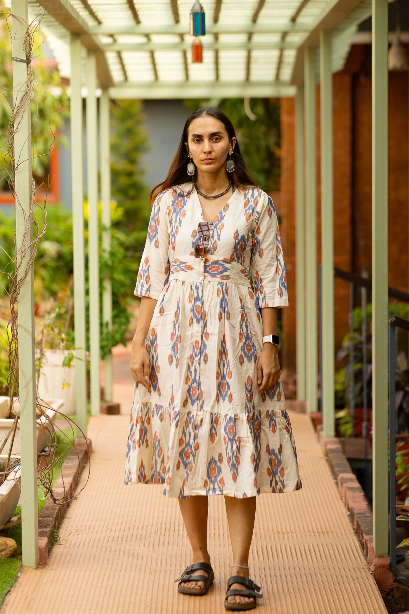 Ikat Cotton Cream Midi Dress