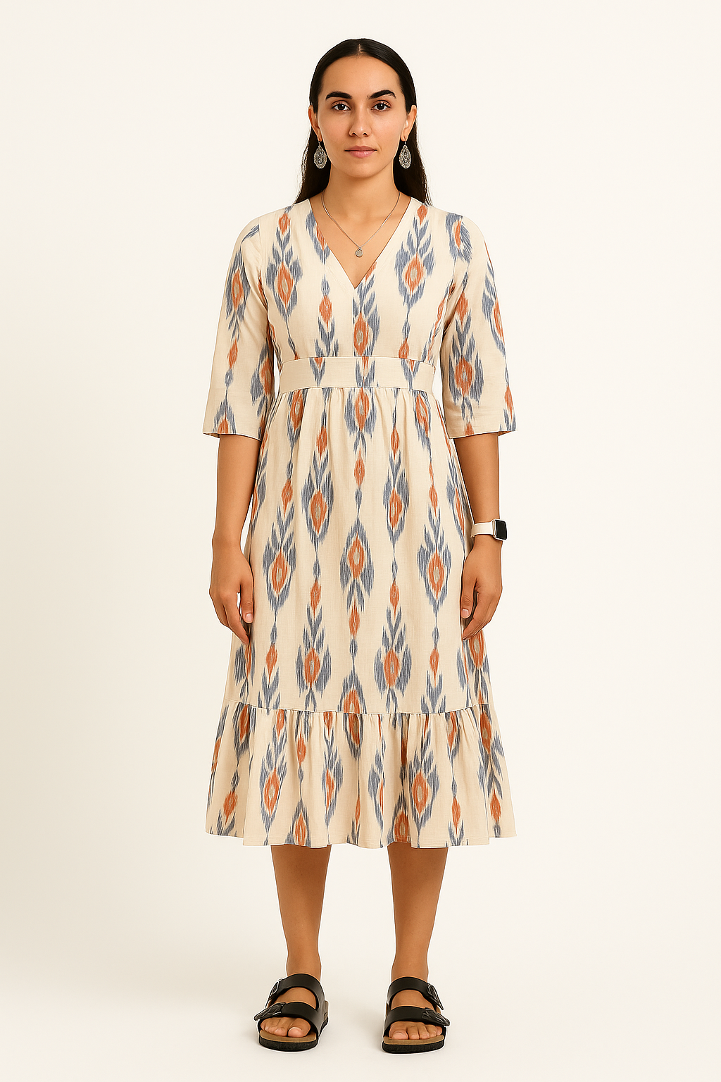 Ikat Cotton Cream Midi Dress