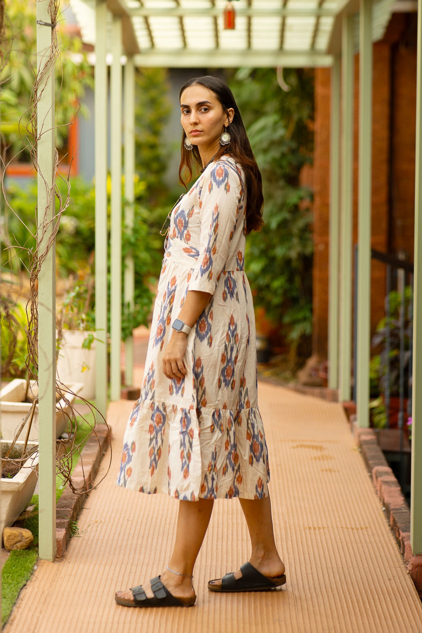 Ikat Cotton Cream Midi Dress