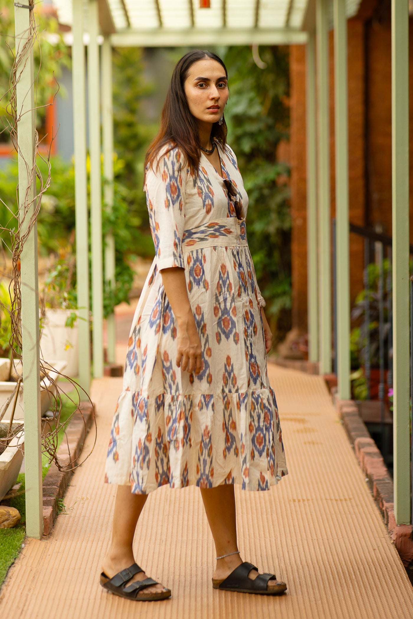Ikat Cotton Cream Midi Dress