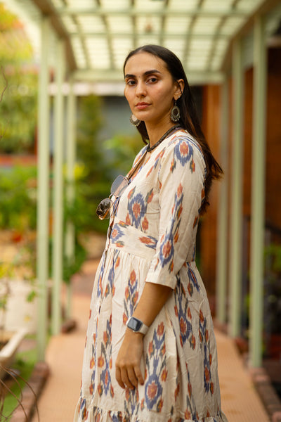 Ikat Cotton Cream Midi Dress