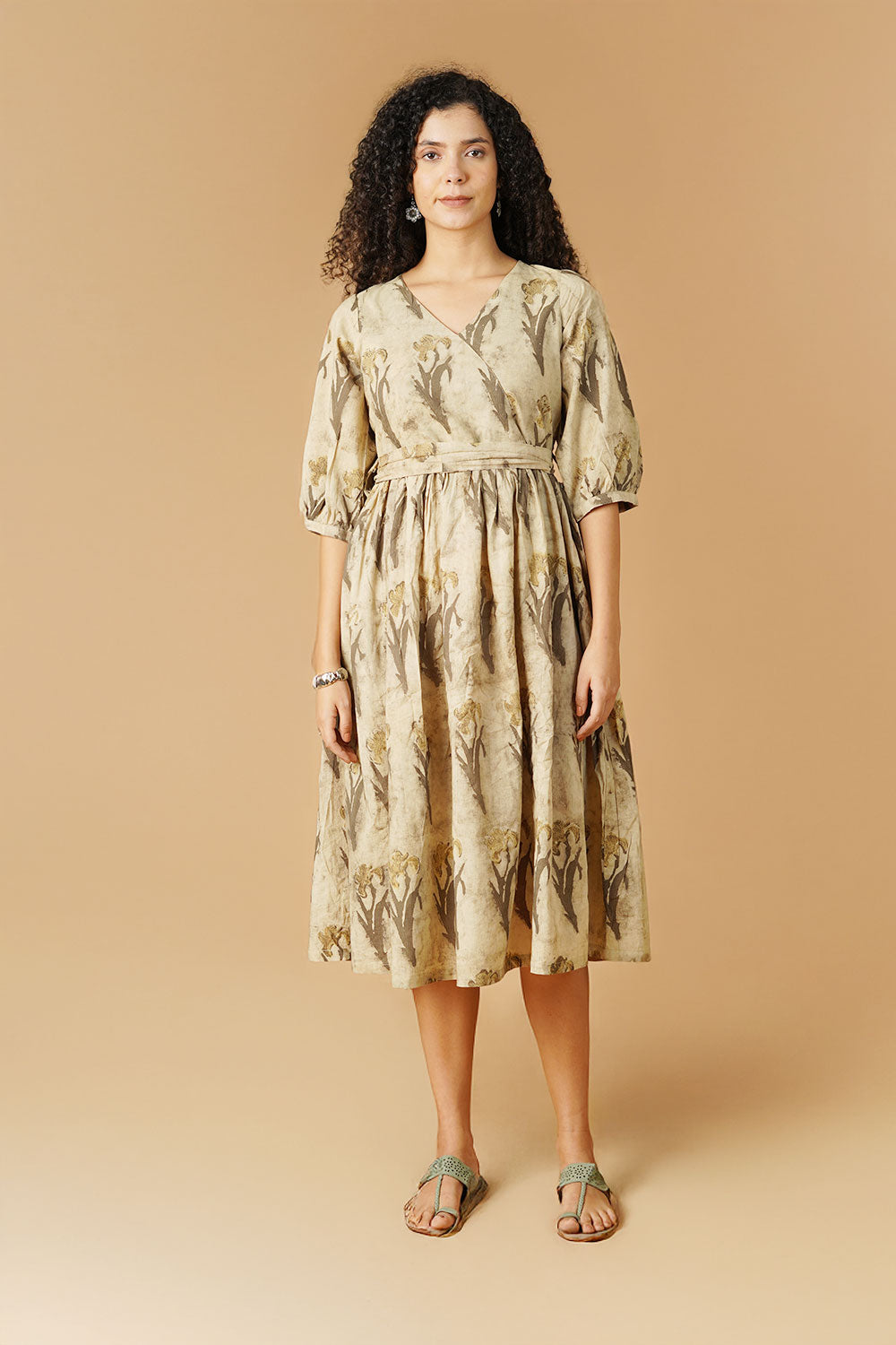 Bagru Cotton Beige Midi Dress