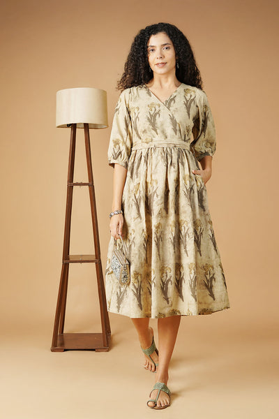 Bagru Cotton Beige Midi Dress