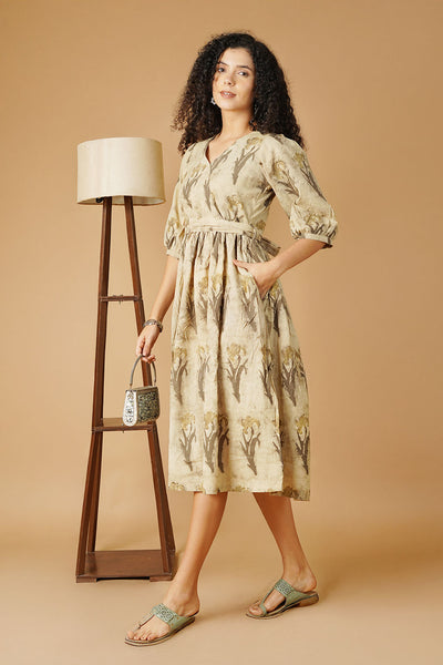 Bagru Cotton Beige Midi Dress
