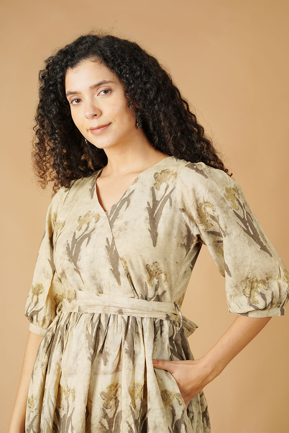Bagru Cotton Beige Midi Dress