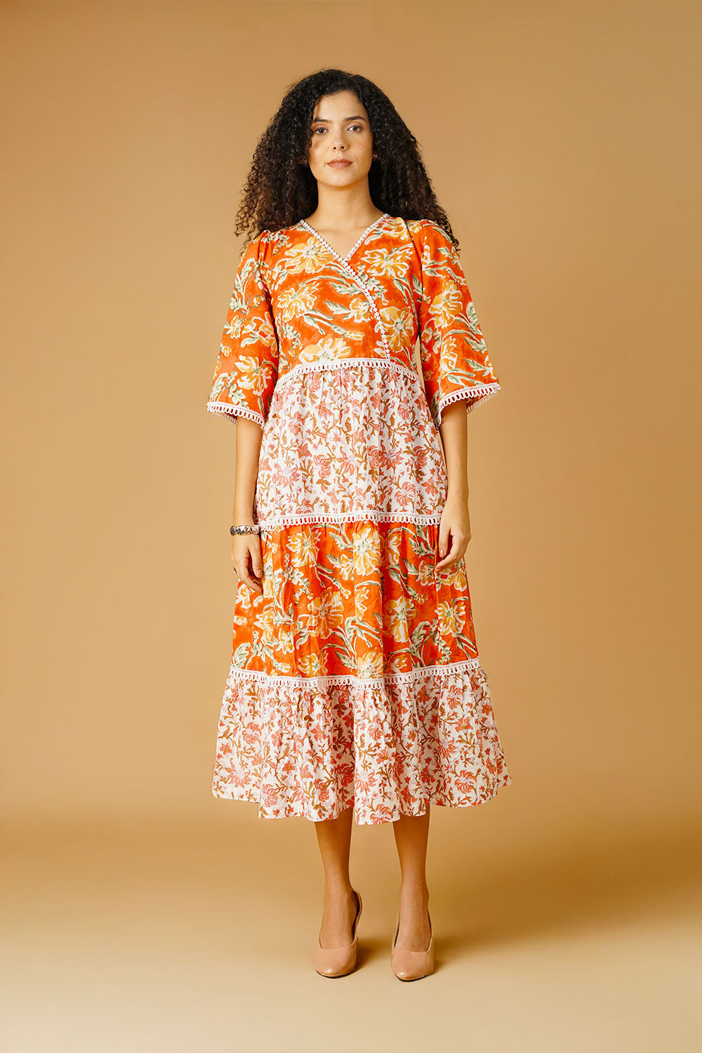 Bagru Cotton Orange Midi Dress