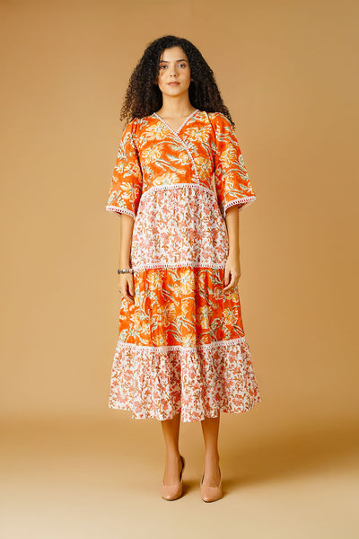 Bagru Cotton Orange Midi Dress