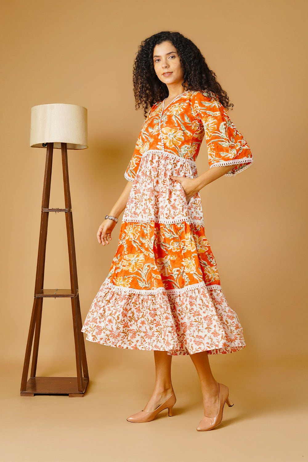 Bagru Cotton Orange Midi Dress