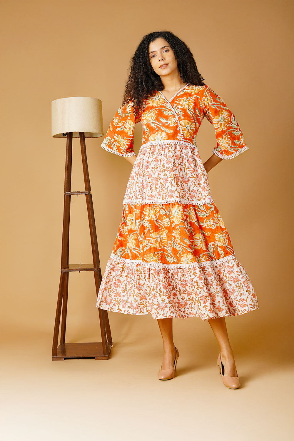 Bagru Cotton Orange Midi Dress