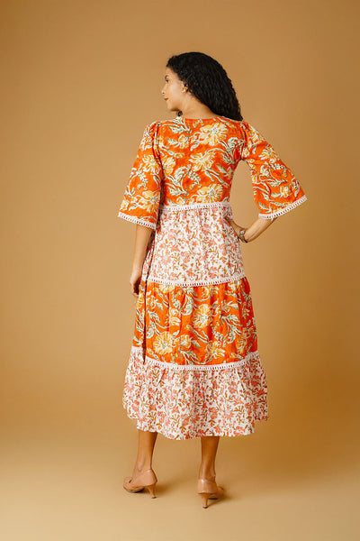 Bagru Cotton Orange Midi Dress