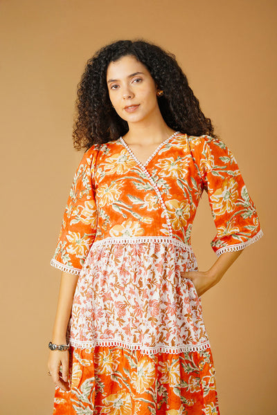 Bagru Cotton Orange Midi Dress