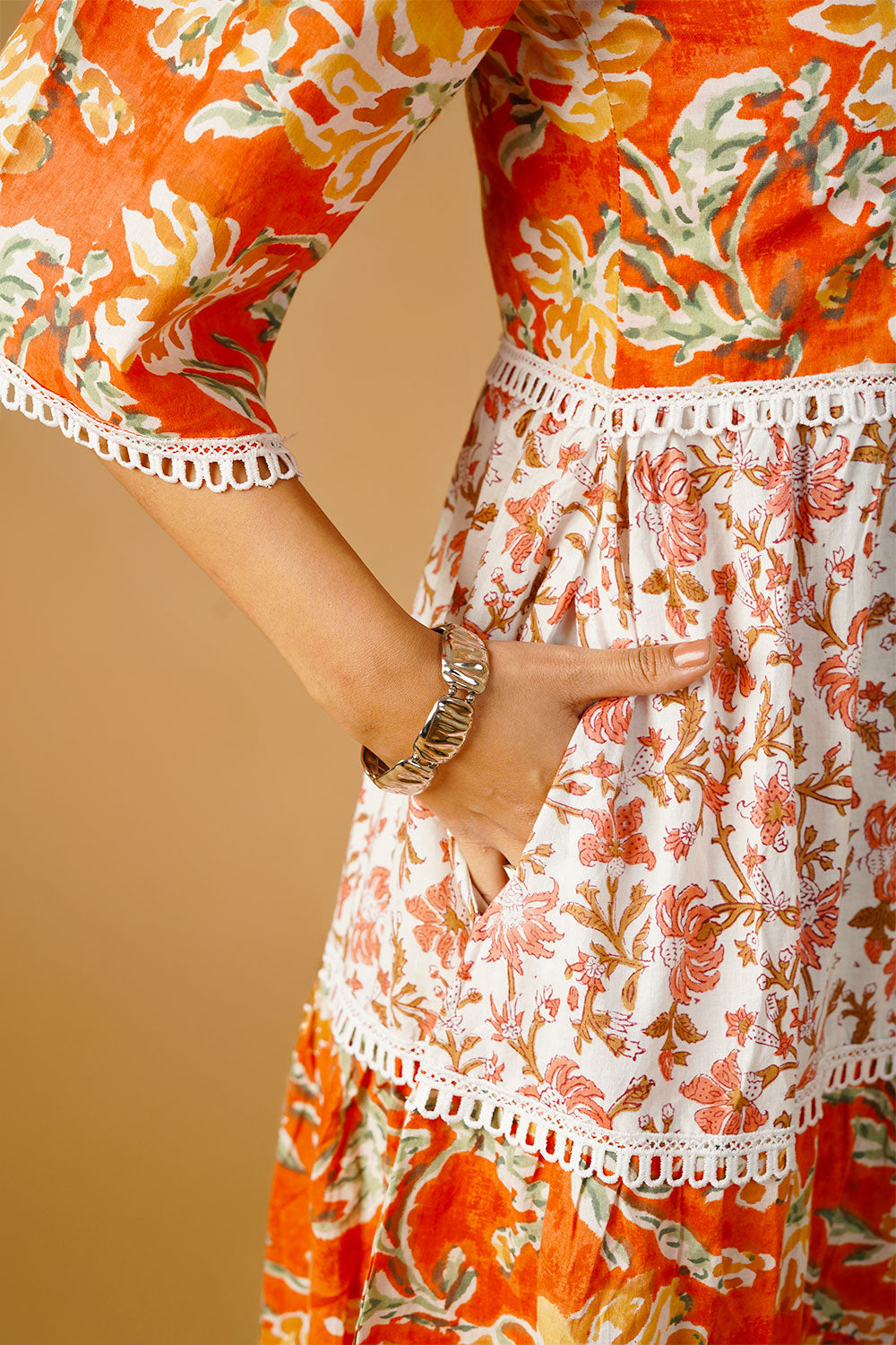 Bagru Cotton Orange Midi Dress