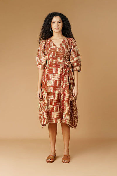 Bagru Cotton Brown Midi Dress
