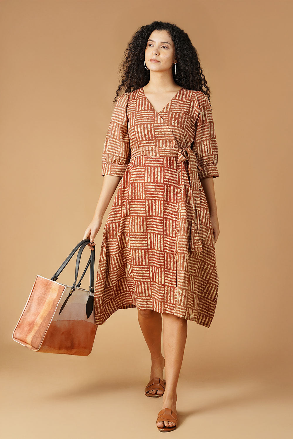 Bagru Cotton Brown Midi Dress