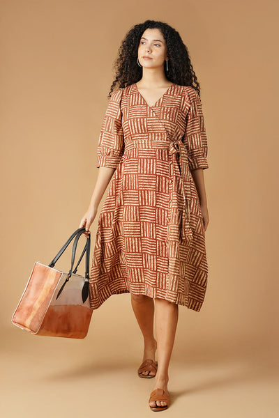 Bagru Cotton Brown Midi Dress