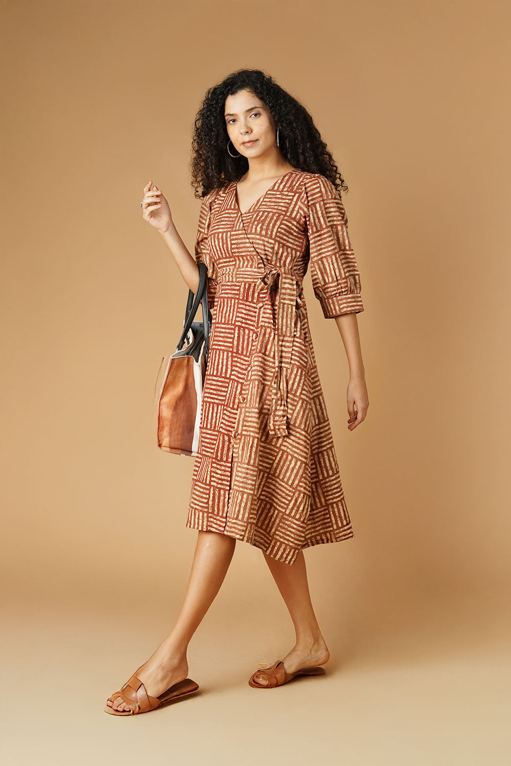 Bagru Cotton Brown Midi Dress