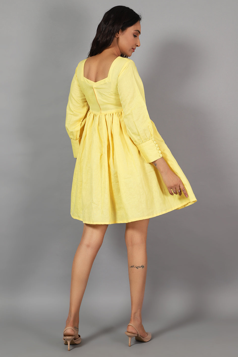 Cotton Linen Mini Yellow Dress