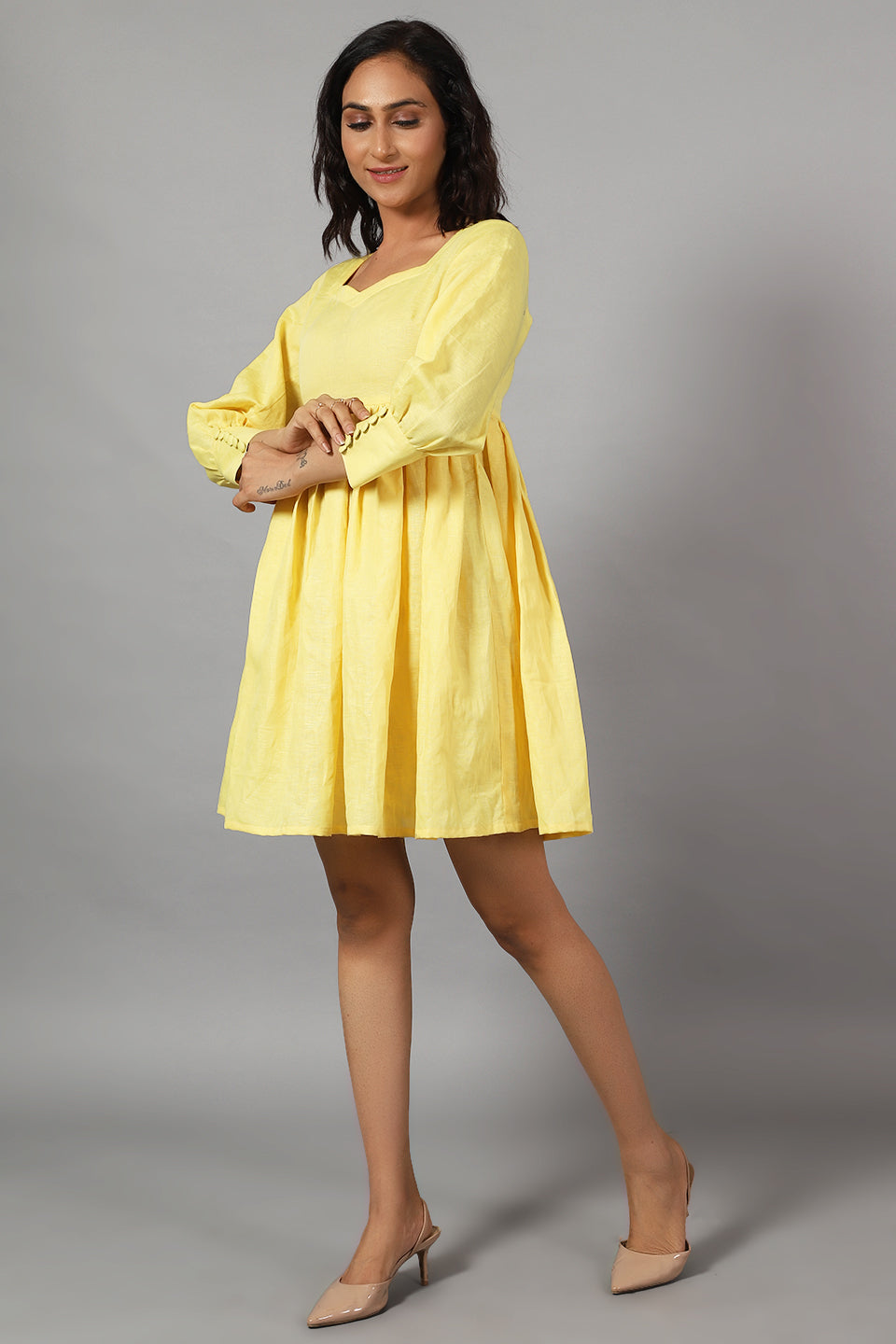 Cotton Linen Mini Yellow Dress