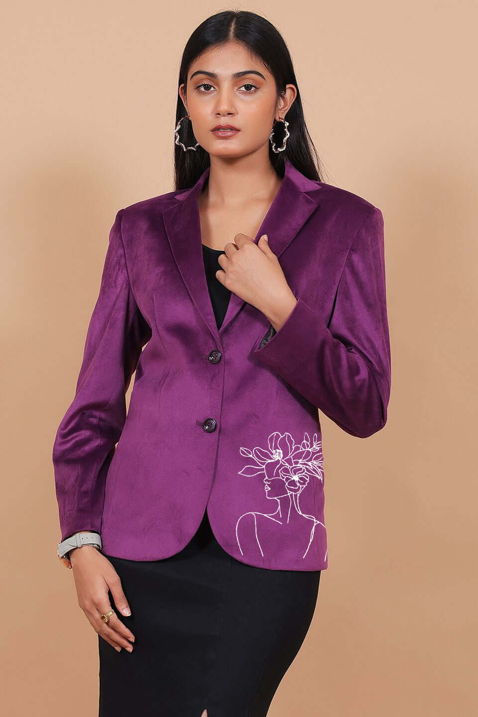 Cotton Velvet Purple Embroidery Blazer
