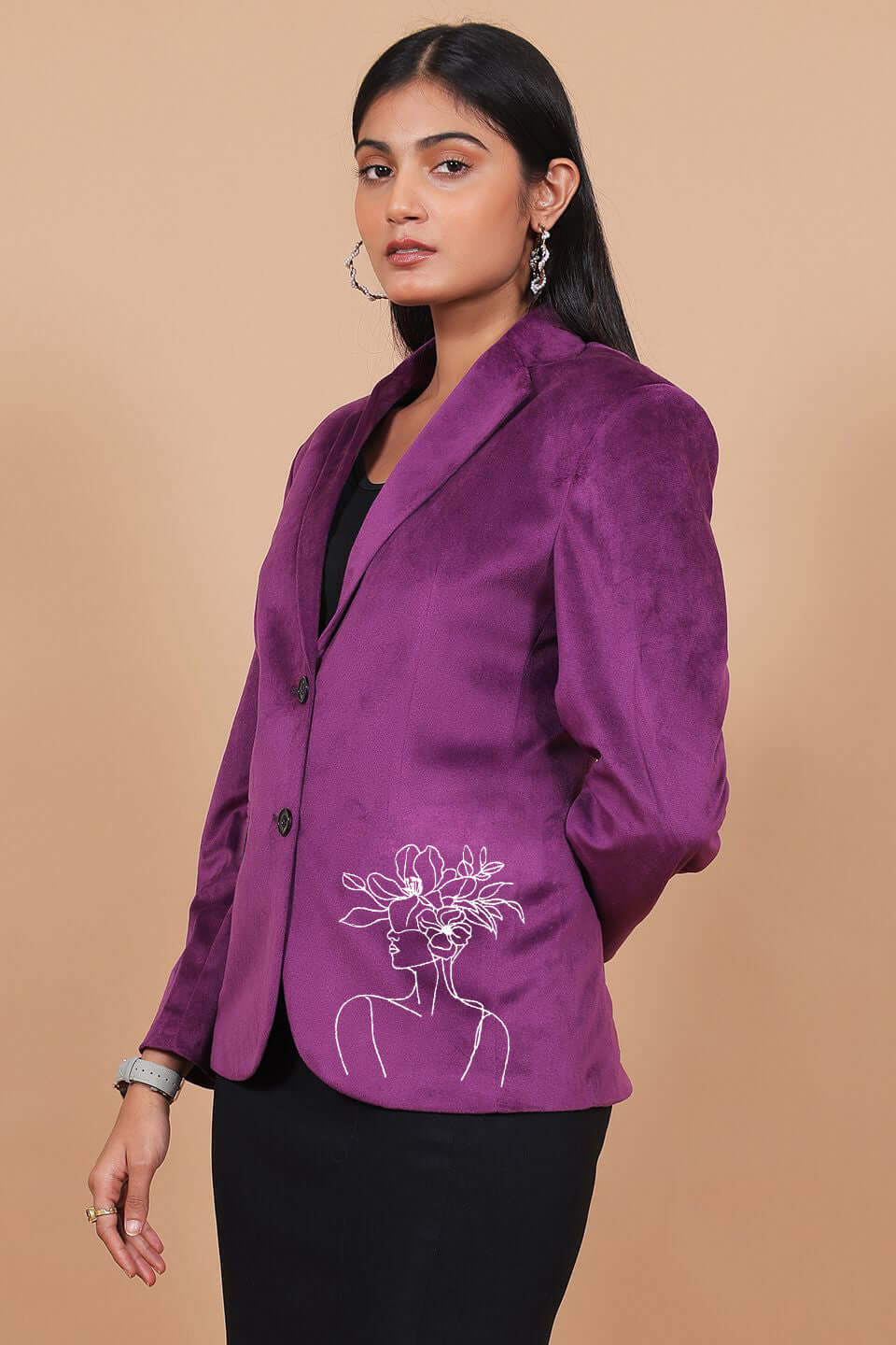 Cotton Velvet Purple Embroidery Blazer