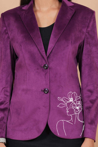 Cotton Velvet Purple Embroidery Blazer